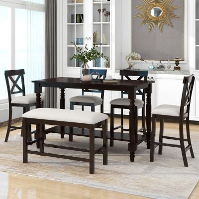 6-Piece Farmhouse Dining Room Set, Counter Height Kitchen Table Set with 4 Upholstered Chair&Storage Shelf&Bench, Rectangular Dining Room Set, Kitchen Family Furniture Set, for 6 Persons