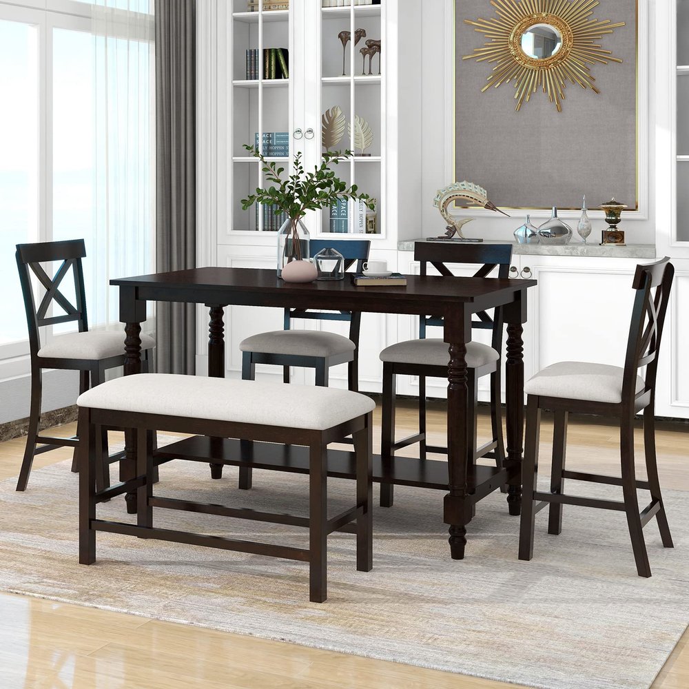6-Piece Farmhouse Dining Room Set, Counter Height Kitchen Table Set with 4 Upholstered Chair&Storage Shelf&Bench, Rectangular Dining Room Set, Kitchen Family Furniture Set, for 6 Persons