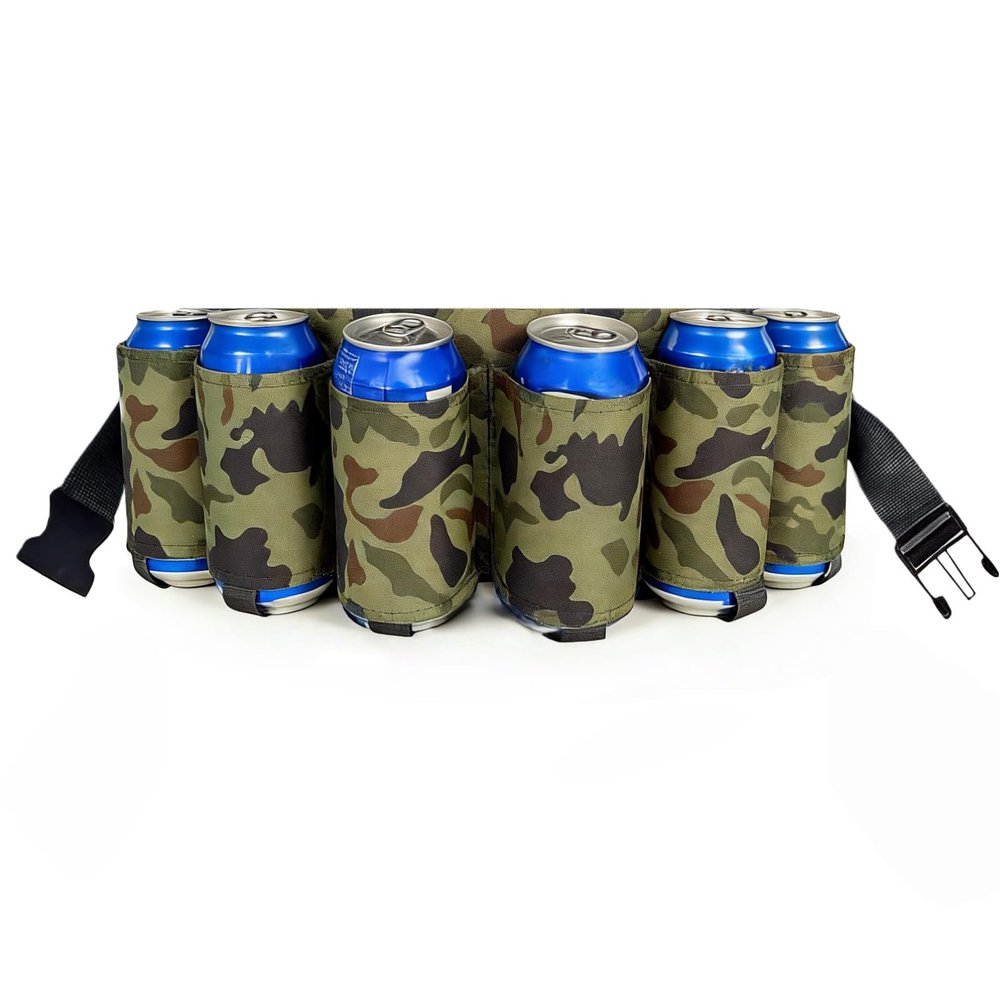 Suaetiai Beer Belt, Beer Soda Belt Holster, Adjustable 6 Pack Beer Fanny Pack, Bottle Holders Drink Can Holder Waist Pack Bag, Perfect for Party, Picnics, Camping, Barbeque, Outdoor Hiking(Camouflage)