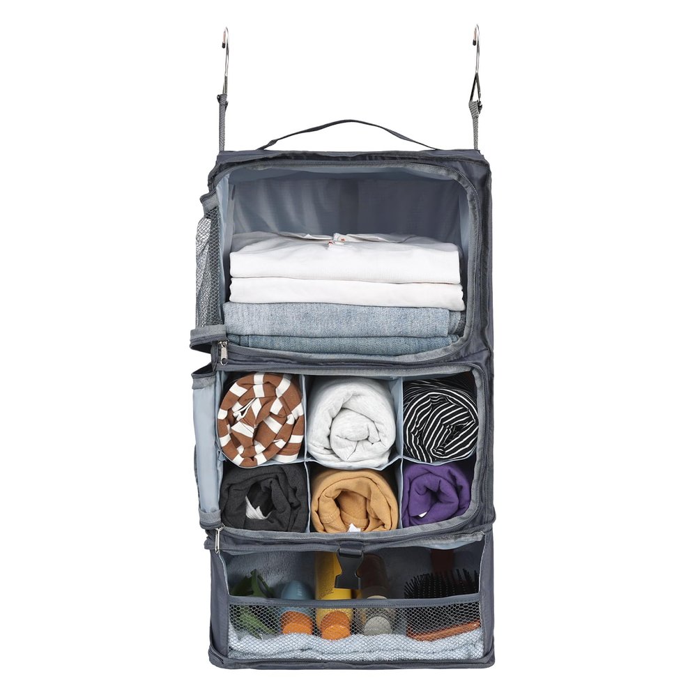 Surblue Hanging Shelves Travel Storage Bag Compression Packing Cube for Suitcase Collapsible with Extension Layer Large Capacity, Grey,XL