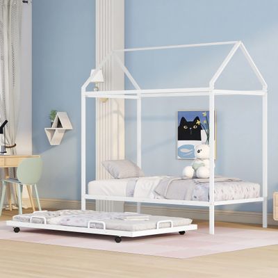 Quarte Lovely Kids House Bed with Trundle,Twin Size Metal House Bed with Roof,for Kids, Teen, Toddler Bedroom,No Box Spring Needed (Black#e)