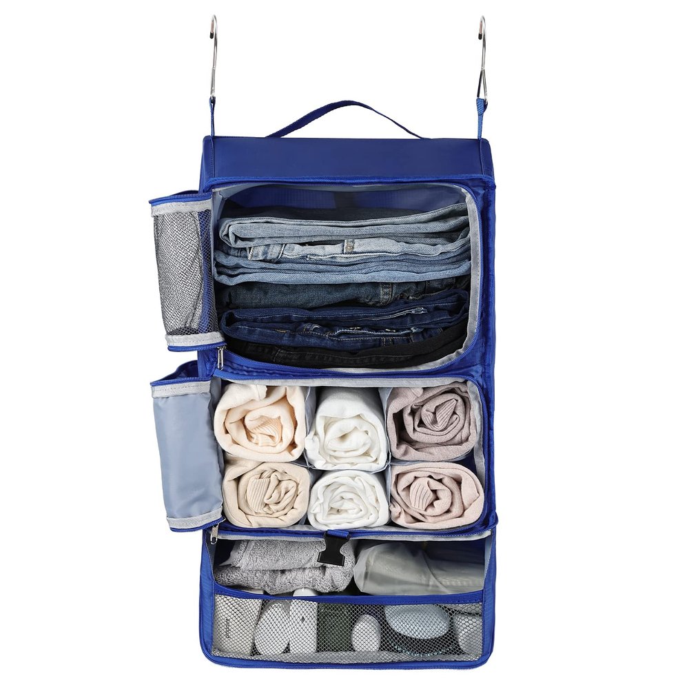 Surblue Hanging Shelves Travel Storage Bag Compression Packing Cube for Suitcase Collapsible with Extension Layer Large Capacity, Blue,XL