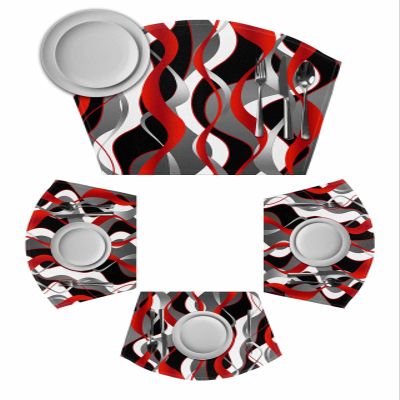 Red Black Grey Placemats Set of 4 for Dining Table, Woven Round Table Placemats, Modern White Moire Geometric Abstract Art Table Mats Washable Wedge Placemat Indoor/Outdoor Patio Kitchen Dcor