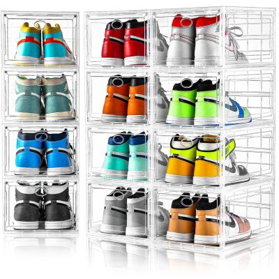 Amllas 12 Pack Clear Shoe Boxes Stackable,Shoe Storage Boxes for Closet,Sturdy Shoe Box Storage Containers with Clear Door,Sneaker Storage,Easy to Assemble,Fit up to US Size 12(13.8x 9.84x 7.1)