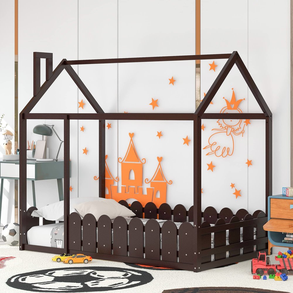Anwick Kids House Beds, Twin Floor Bed with Fence Wood Cabin Bed Frame Can be Decorated for Kids, Teens, Girls, Boys, Slats are not Included (Espresso)