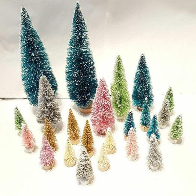 24 Snow Flocked Village Mix Mini Miniature Sisal Bottle Brush Christmas Trees Set Pink Green Gray White Gold