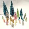 24 Snow Flocked Village Mix Mini Miniature Sisal Bottle Brush Christmas Trees Set Pink Green Gray White Gold view 1