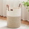 VIPOSCO Tall Laundry Basket, Large Dirty Clothes Hamper with Leather Handle, Woven Rope Storage Basket for Blanket, Toy In Living Room, Bathroom, Bedroom - 58L White & Brown view 1
