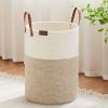 VIPOSCO Tall Laundry Basket, Large Dirty Clothes Hamper with Leather Handle, Woven Rope Storage Basket for Blanket, Toy In Living Room, Bathroom, Bedroom - 72L White & Brown view 1