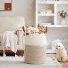 VIPOSCO Tall Laundry Basket, Large Dirty Clothes Hamper with Leather Handle, Woven Rope Storage Basket for Blanket, Toy In Living Room, Bathroom, Bedroom - 72L White & Brown view 2