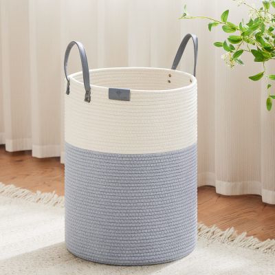 VIPOSCO Tall Laundry Basket, Large Dirty Clothes Hamper with Leather Handle, Woven Rope Storage Basket for Blanket, Toy In Living Room, Bathroom, Bedroom - 58L Grey & White