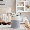 VIPOSCO Tall Laundry Basket, Large Dirty Clothes Hamper with Leather Handle, Woven Rope Storage Basket for Blanket, Toy In Living Room, Bathroom, Bedroom - 58L Grey & White view 2