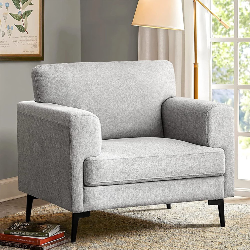 CDCASA Accent Chair, Linen Fabric Oversized Mid Century Modern Chair Set of 1, Comfy Upholstered Armchair Reading Accent Chairs Sofa Chairs for Bedroom Living Room, Light Gray