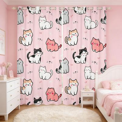 Erosebridal Girls' Cute Cat & Kitten Pink Kawaii Animal Themed Curtains,104Wx63L Lovely Pet Living Room Window Treatments
