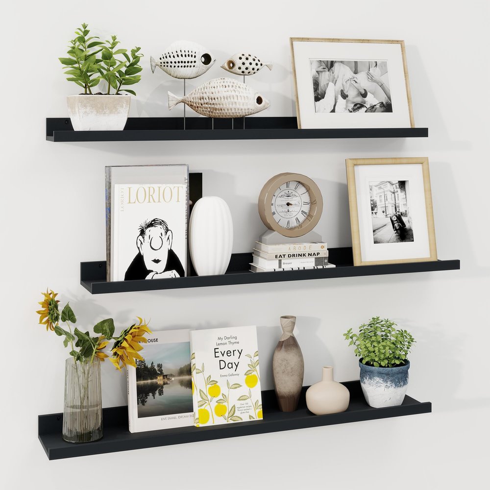Axeman 36 Inch Floating Shelves | Black Picture Ledge Shelf Set of 3 | Rustic Wood Wall Shelves with Lip | 36" Black Picture Shelf for Wall with Ledge | Photo Shelves