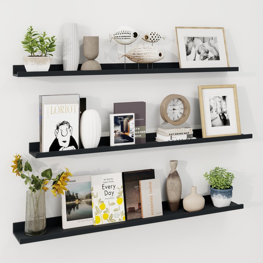 Axeman 48 Inch Floating Shelves | Black Picture Ledge Shelf Set of 3 | Rustic Wood Wall Shelves with Lip | 48" Black Picture Shelf for Wall with Ledge | Photo Shelves