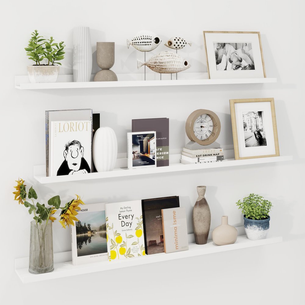 Axeman 48 Inch Floating Shelves | White Picture Ledge Shelf Set of 3 | Rustic Wood Wall Shelves with Lip | 48" White Picture Shelf for Wall with Ledge | Photo Shelves