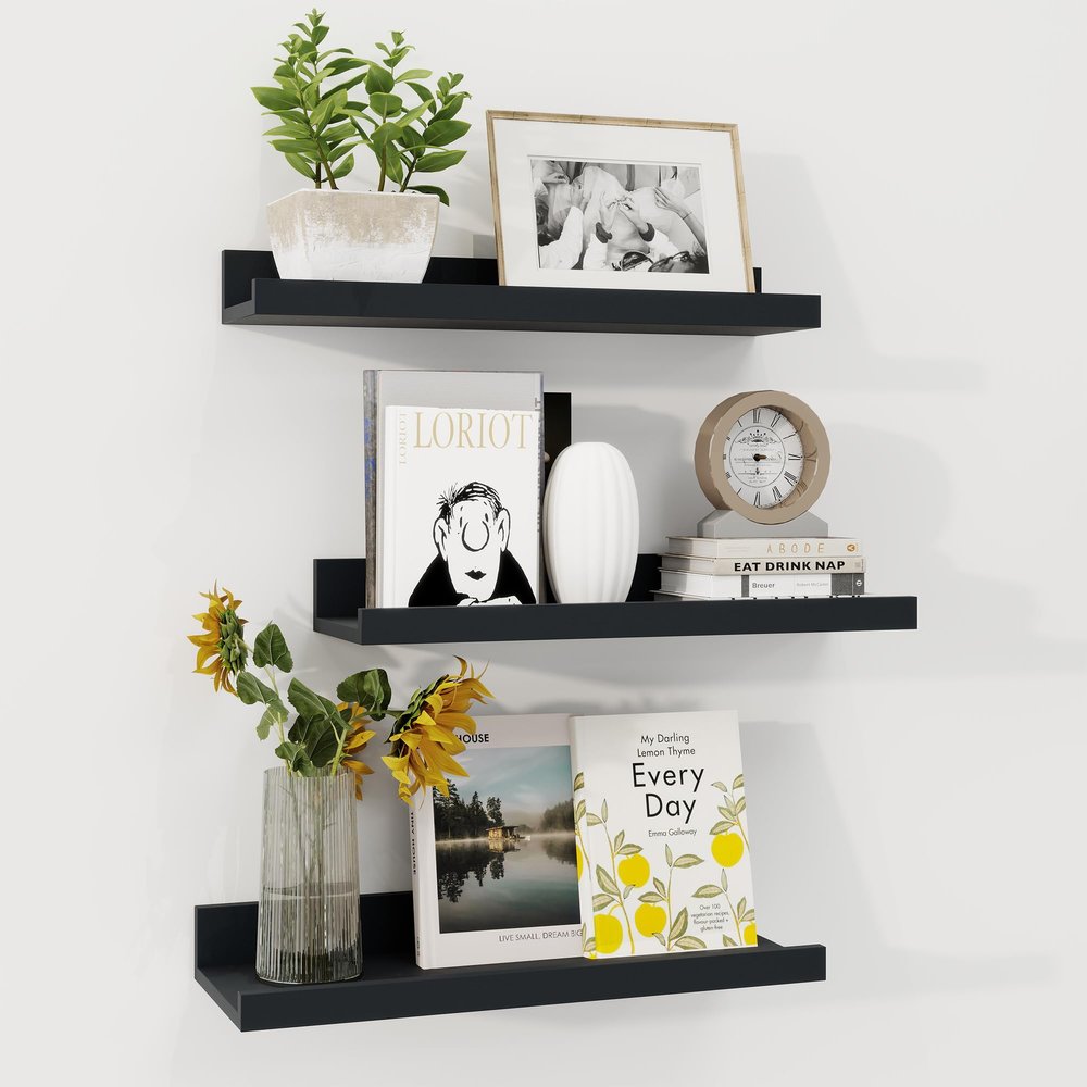 Axeman Picture Ledge Shelf | 16 Inch Black Floating Shelves Set of 3 | Rustic Wood Wall Shelves with Lip | 16" Black Picture Shelf for Wall with Ledge | Photo Shelves