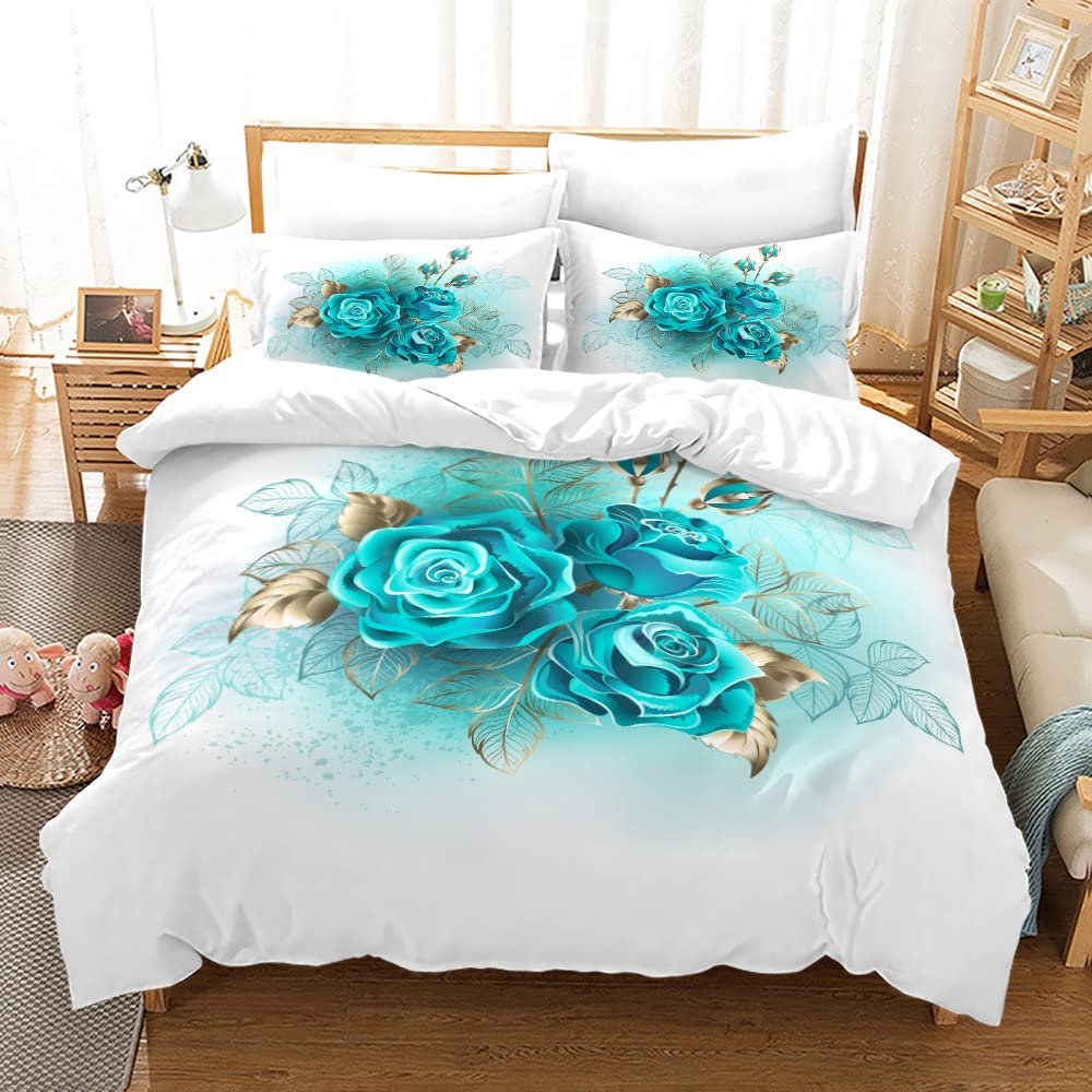 Albideyaa 3D Floral Comforter Cover Set for Kids Adult Full Size Turquoise Flowers Gold Leaves Duvet Cover Bedding Set Women Girls Plant Print White Quilt Cover Set with 2Pillowcase