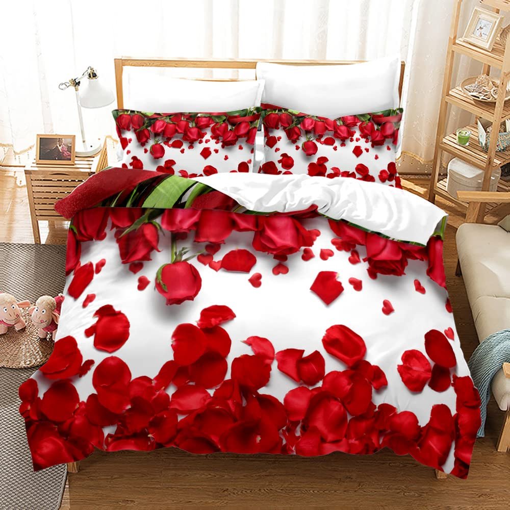 Albideyaa White Bedding Set with Red Rose Petal Pattern King Size Duvet Cover Set for Girls Women Bedroom Comforter Cover Set Supper Soft Microfiber Quilt Cover Set with 2Pillowcase