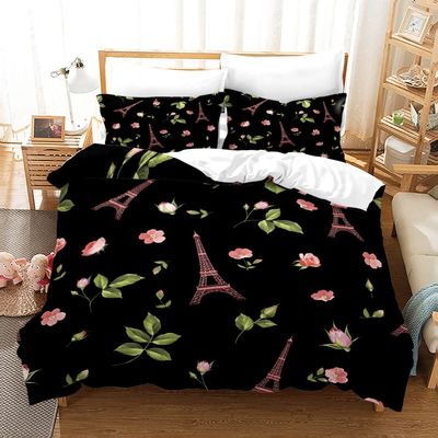 Albideyaa Pink Eiffle Towers Flowers Pattern Comforter Cover Set Queen Size Black Bedding Duvet Cover Set Green Leave Plant Print Girls Women Quilt Cover Set with 2Pillowcase