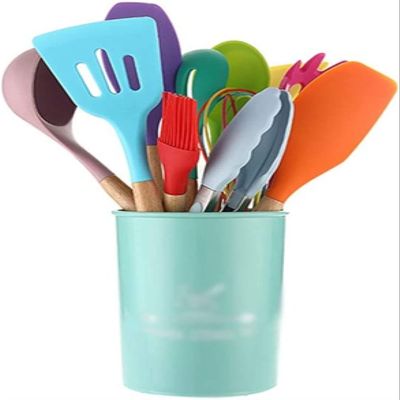 12-Piece Colorful Silicone Kitchenware Set Non-Stick Pan Cooking Spatula Spoon Wooden Handle Box High Temperature Resistance