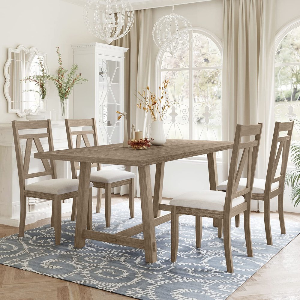 5 Piece Wood Dining Table and Chair Set, Farmhouse Rustic Dining Table Set 70inch Kitchen Table Set with 4 High Back Upholstered Chairs Large Dining Set, Easy Assembly, for Dining Room