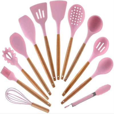 12 PCS Silicone Cooking Utensils Set Non-stick Spatula Shovel Wooden Handle Cooking Tools Set with Storage Box Kitchen Tools