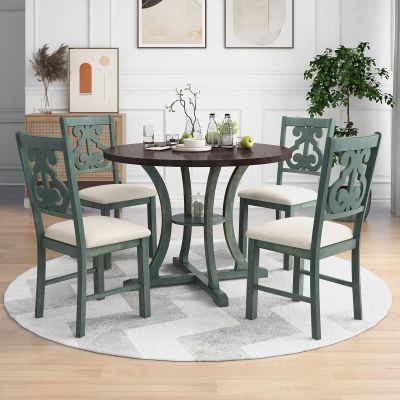 5 Pieces Farmhouse Rustic Dining Table Set, Round Wooden Dining Table with Special-Shaped Legs Kitchen Table Set with 4 Upholstered Chairs and Bottom Shelf, Easy Assembly, for Small Spaces