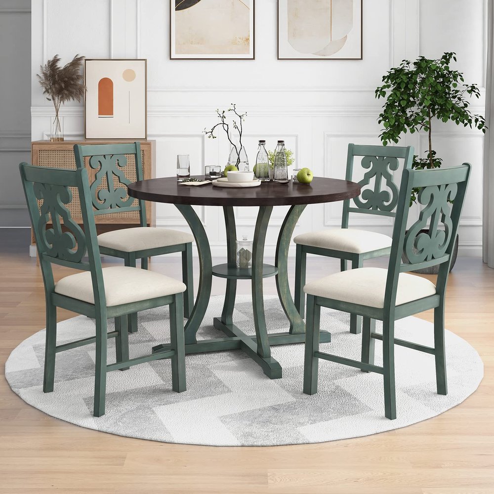 5 Pieces Farmhouse Rustic Dining Table Set, Round Wooden Dining Table with Special-Shaped Legs Kitchen Table Set with 4 Upholstered Chairs and Bottom Shelf, Easy Assembly, for Small Spaces