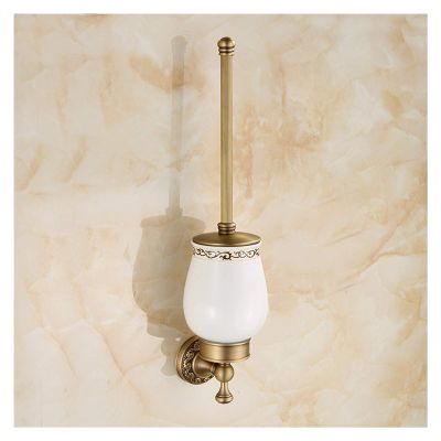 KIZQYN Toilet Brush Retro Toilet Brush Holder Ceramic Brush Cup Brass Brush Holder Round Brush Head All-Round Cleaning Toilet Bowl Brush Set Toilet Cleaner Brush