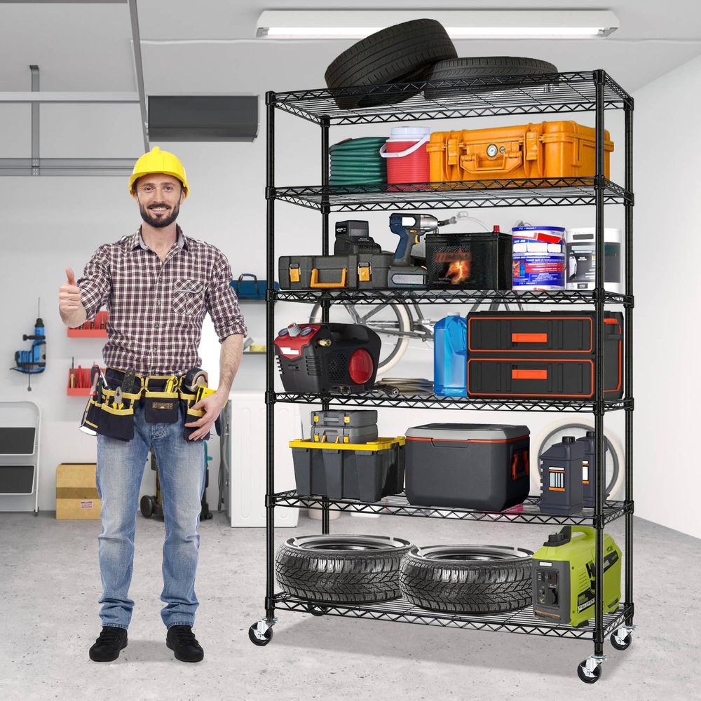 6 Tier Metal Shelving Unit 2100Lb Capacity Adjustable Shelves for Storage, Heavy Duty Wire Shelf with Wheels & Feet 48" L18" W72" H Layered Storage Rack for Restaurant Garage Pantry Kitchen Basement