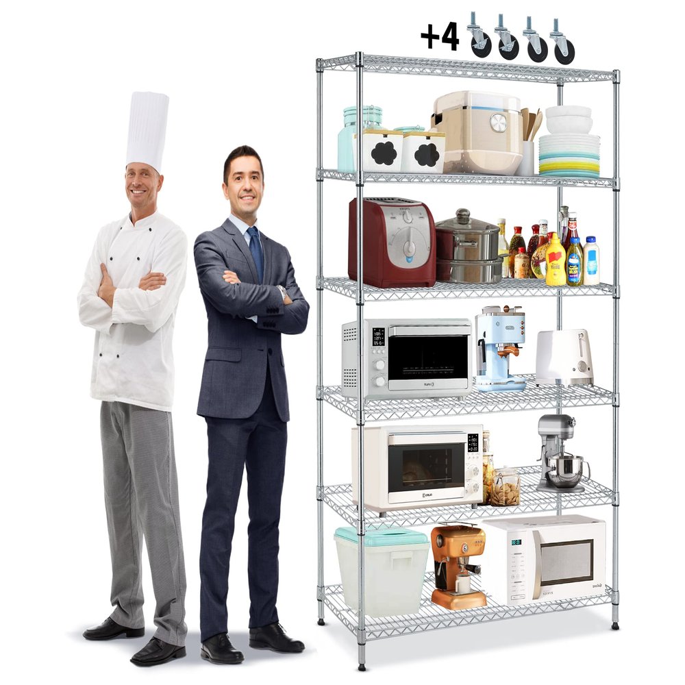 6000Lbs Capacity Metal Shelving Unit 6 Tier Adjustable Shelves for Storage Heavy Duty Commercial Grade Wire Shelf with Wheels & Feet 48" 18" 78" Storage Rack for Warehouse Garage Pantry Basement