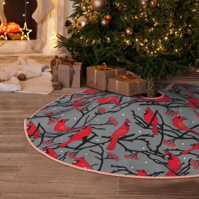 Christmas Tree Skirt 36 inches Red Birds Cardinals and Berries Winter Scene Gray Xmas Tree Skirts Mat Farmhouse Rustic Xmas Holiday Indoor Party Outdoor Decoration