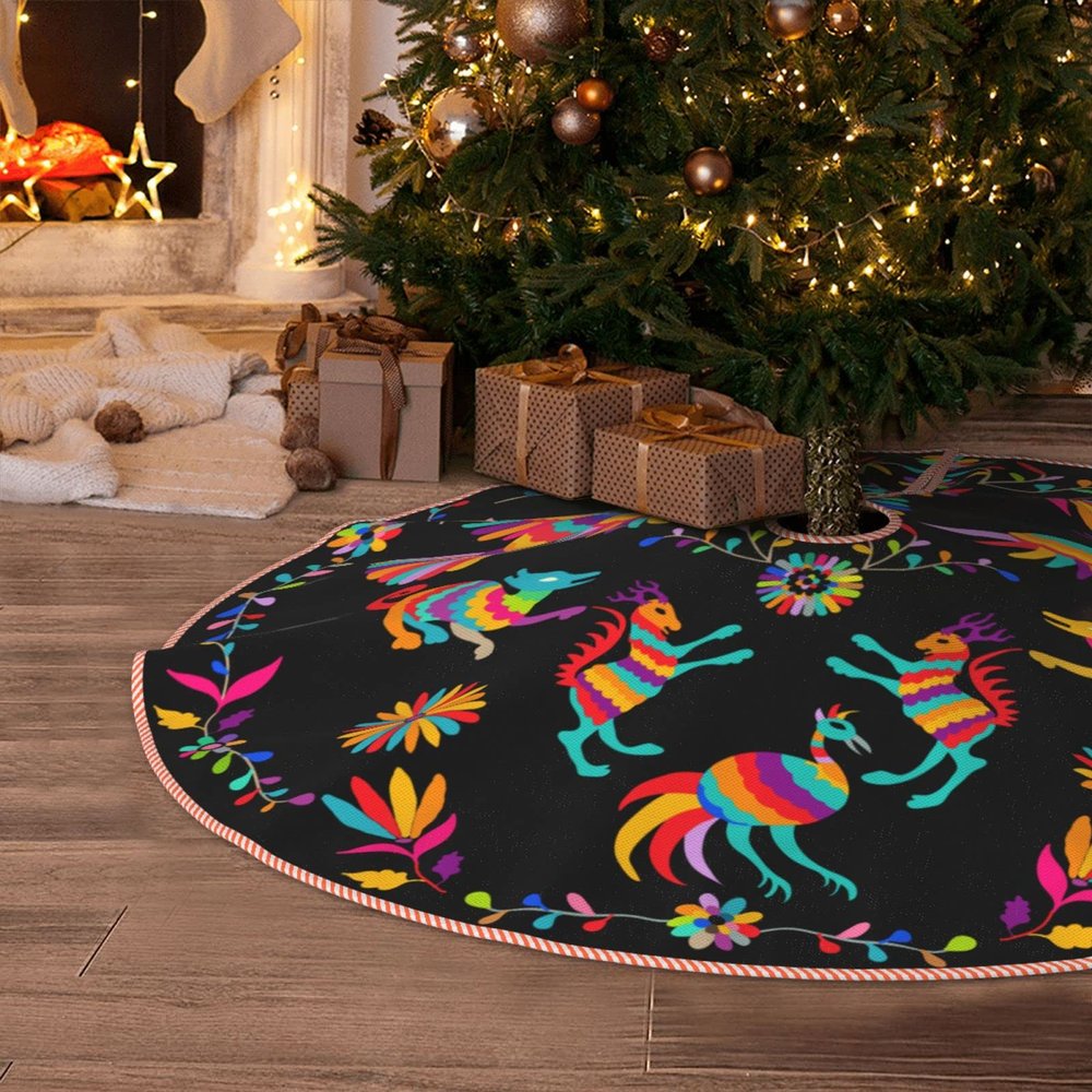 Christmas Tree Skirt 36 inches Folk Mexican Otomi Style Pattern Xmas Tree Skirts Mat Farmhouse Rustic Xmas Holiday Indoor Party Outdoor Decoration