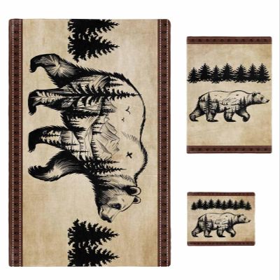 3 Pieces Towel Sets for Bathroom, Vintage Thick Soft Absorbent Bath Towel Set Quick-Dry (1 Bath Towel 30"x60", 1 Hand Towel 28"x16", 1 Wash Cloth 13"x13") Bear Pine Tree Silhouette with Paw Border