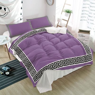 3 Pieces Duvet Cover Queen Bedding Sets Greek Art Inspired Classic Pattern Luxury Soft Comforter Cover with Pillowcases Geometric Twist Lines on Purple Microfiber Quilt Covers Set for Bedroom Decor