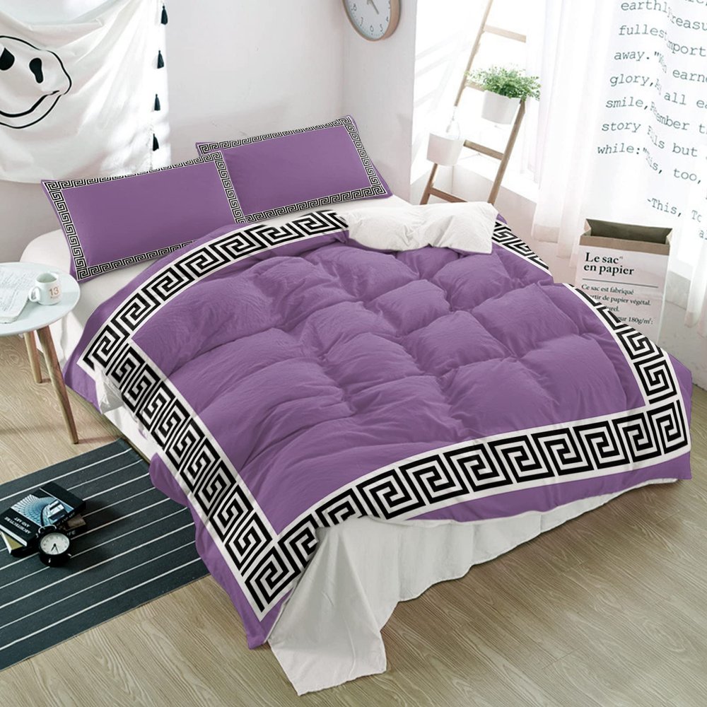 3 Pieces Duvet Cover Queen Bedding Sets Greek Art Inspired Classic Pattern Luxury Soft Comforter Cover with Pillowcases Geometric Twist Lines on Purple Microfiber Quilt Covers Set for Bedroom Decor