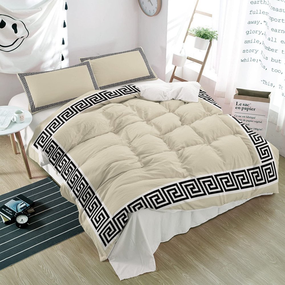 3 Pieces Duvet Cover California King Bedding Sets Greek Geometric Key Pattern Luxury Soft Comforter Cover with Pillowcases Minimalist Twist Line on Beigh Microfiber Quilt Covers Set for Bedroom Decor