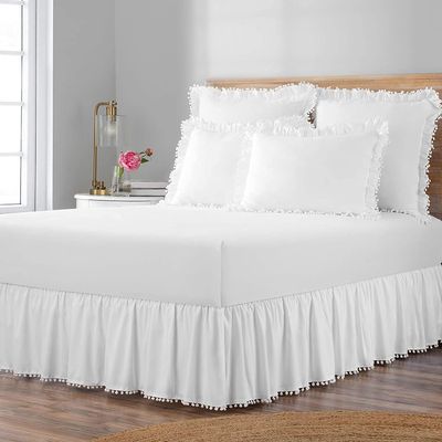 International Sheets Luxury Pom Pom Dust Ruffle BedSkirt 100% Egyptian Cotton 1000 Thread Count, Top-Knot Tassel Pompom Fringe White Solid Pattern, 21 Inch Drop Twin XL Size, White Solid