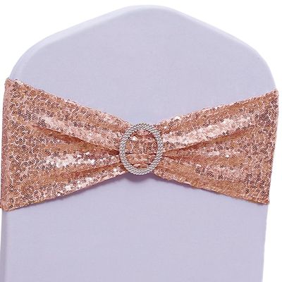 SINSSOWL Pack of 50 Spandex Sequins Rose Gold Chair Sashes for Wedding Party Rose Gold Chair Bands Bows Ties - Sequin Rose Gold Chairs Sashes