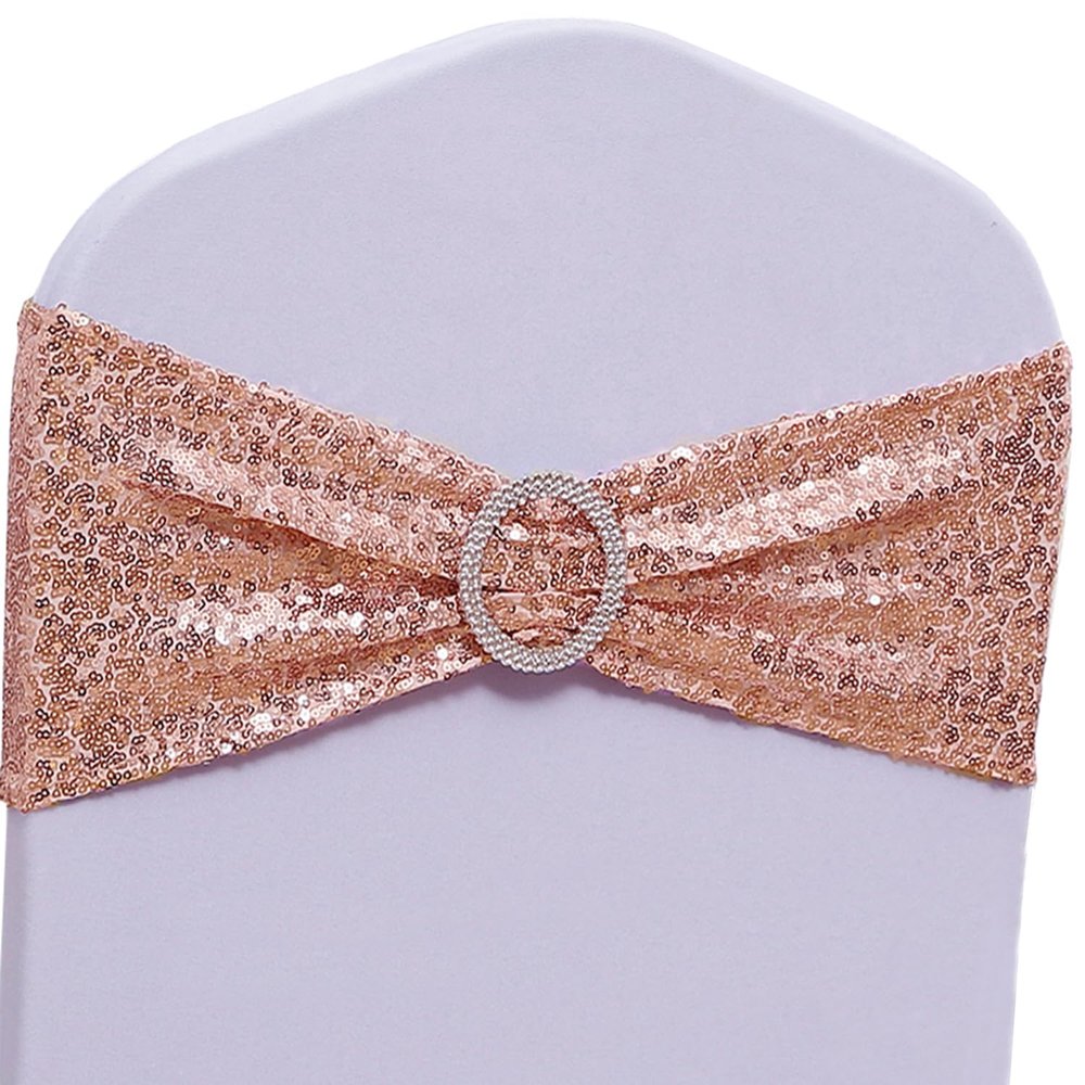 SINSSOWL Pack of 50 Spandex Sequins Rose Gold Chair Sashes for Wedding Party Rose Gold Chair Bands Bows Ties - Sequin Rose Gold Chairs Sashes