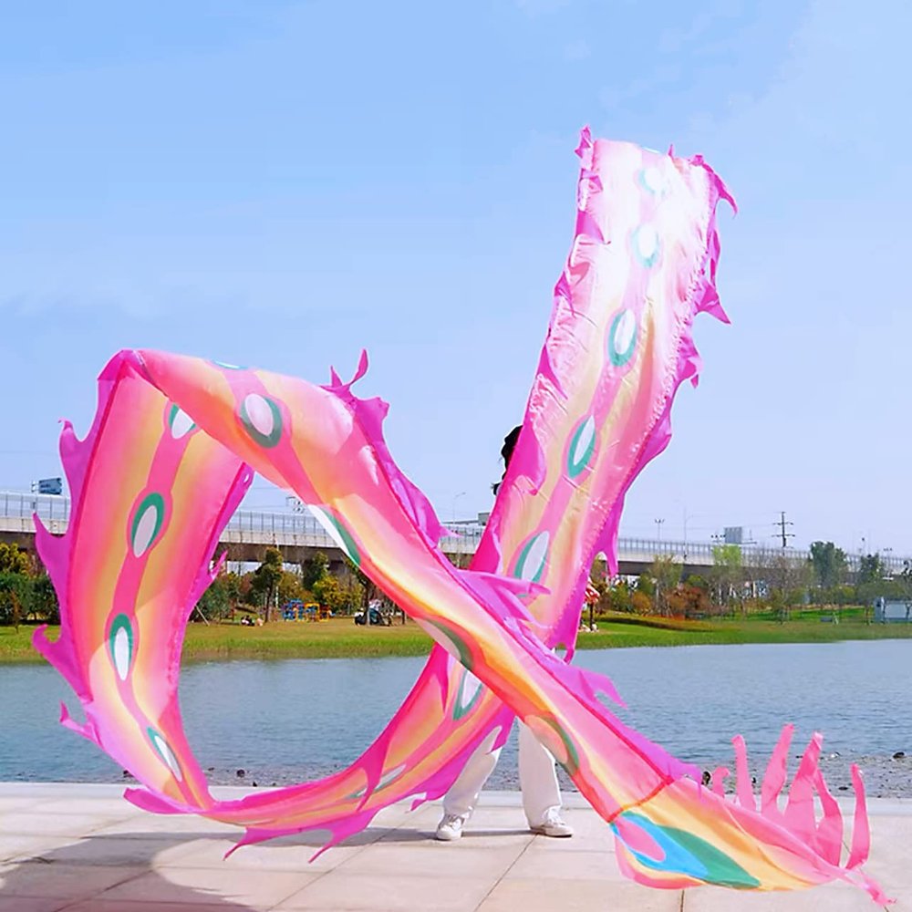 Square Exercise Dance Outdoor Flinging Fitness Dragon POI Wu Long 3D Real-Like Dragon Ribbon Streamer Set (26.2ft, Pink Phoenix)