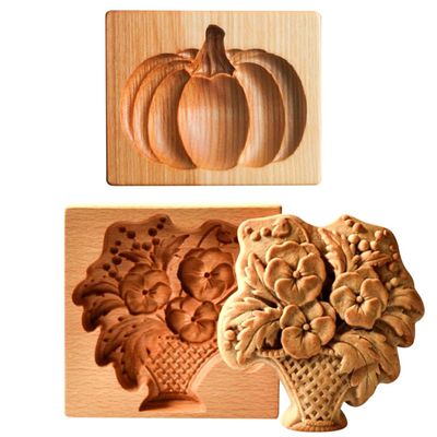 2PCS Thanksgiving Cookie Cutter 3D Embossing Mold,Funny Harvest Pumpkin and flower basket Carved Wooden Cookie Biscuit Mold Stamps for Gingerbread Mold,Baking Moulds