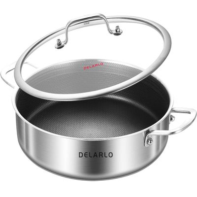 DELARLO Frying Pan,12 inch Skillet with lid,Tri-Ply Stainless Steel Saute Pan 6QT,Dishwasher-Friendly,Stay-Cool Handles,Oven-Safe Up to 660