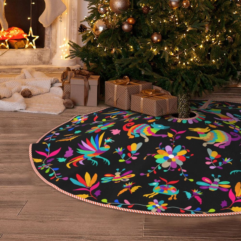 Christmas Tree Skirt 36 inches Ethnic Mexican Otomi Style Pattern Xmas Tree Skirts Mat Farmhouse Rustic Xmas Holiday Indoor Party Outdoor Decoration