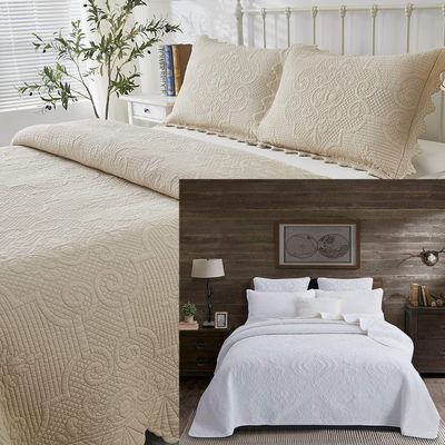 Brandream Beige Quilts Set King Size Cotton Scalloped Quilts Matelasse Coverlet Set Quilted Bedspreads Farmhouse Bedding Set 6-Piece