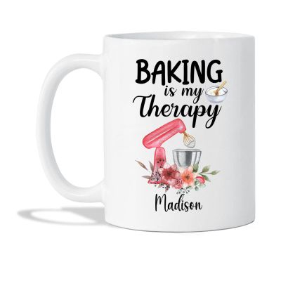 Baking Material Mugs - Custom Baking Is My Therapy Coffee Mugs - Customized Name Baker Tea Cup - Personalized Baker Coffee Cup - Baking Ceramic Cups Gifts For Family - White Cups 11oz or 15oz