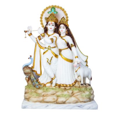 GLOOKS Marble Dust Radha Krishna Idol | Radhey Shyam, White & Gold, 18 Inches