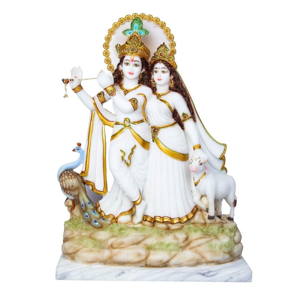 GLOOKS Marble Dust Radha Krishna Idol | Radhey Shyam, White & Gold, 18 Inches
